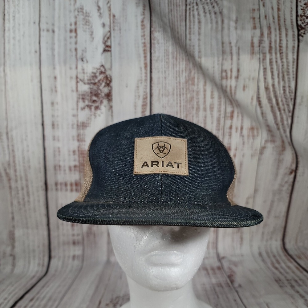 Ariat Mens Hat Mesh Snap Back Trucker adjustable Shield Logo Tan‎ / Denim VGC